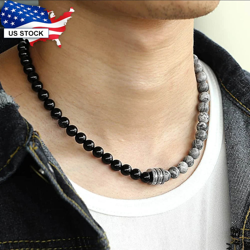 Natural Tiger Eyes Stone Bead Necklace for Men/Women.Toggle Clasp Stainless Steel Charm Black Glass Bead Necklace