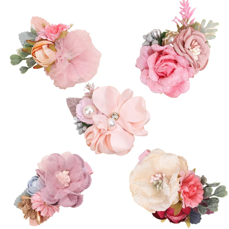 Artificial Flower Hair Clips - Cute Mesh Rose Hairpins with Pearl Barrette Hairgrips for Children, Hair Accessories