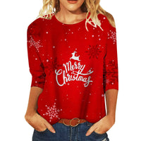Christmas Limited Edition Women's 3D Red Snowflake Print Round Neck Long Sleeve T-shirt Fashion Casual Long Sleeve Top