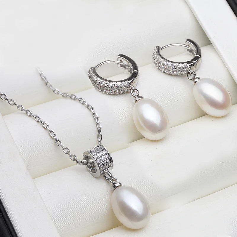 Genuine Natural Pearl Necklace And Earring Set for Women - Trendy 925 Silver Pearl Jewelry Set for Annniversary or Gift in 5 Colors