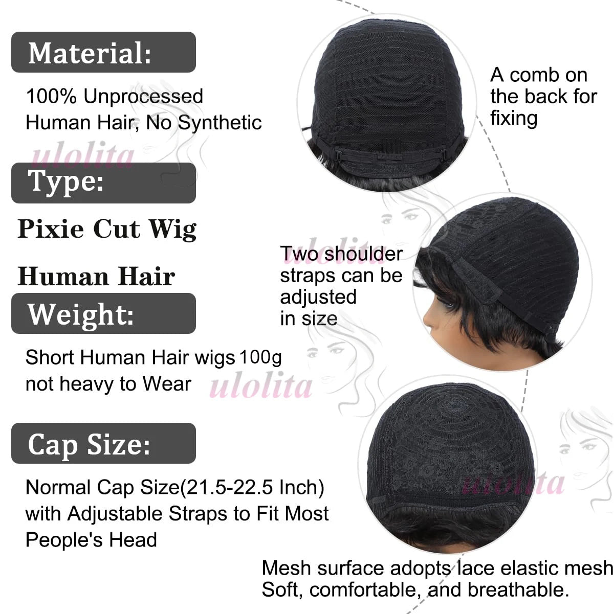 Short Human Hair Wigs - Full Machine Made Wigs, Straight, Highlights, Pixie Cut Wigs with bangs, Human Hair, for Women