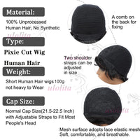 Short Human Hair Wigs - Full Machine Made Wigs, Straight, Highlights, Pixie Cut Wigs with bangs, Human Hair, for Women