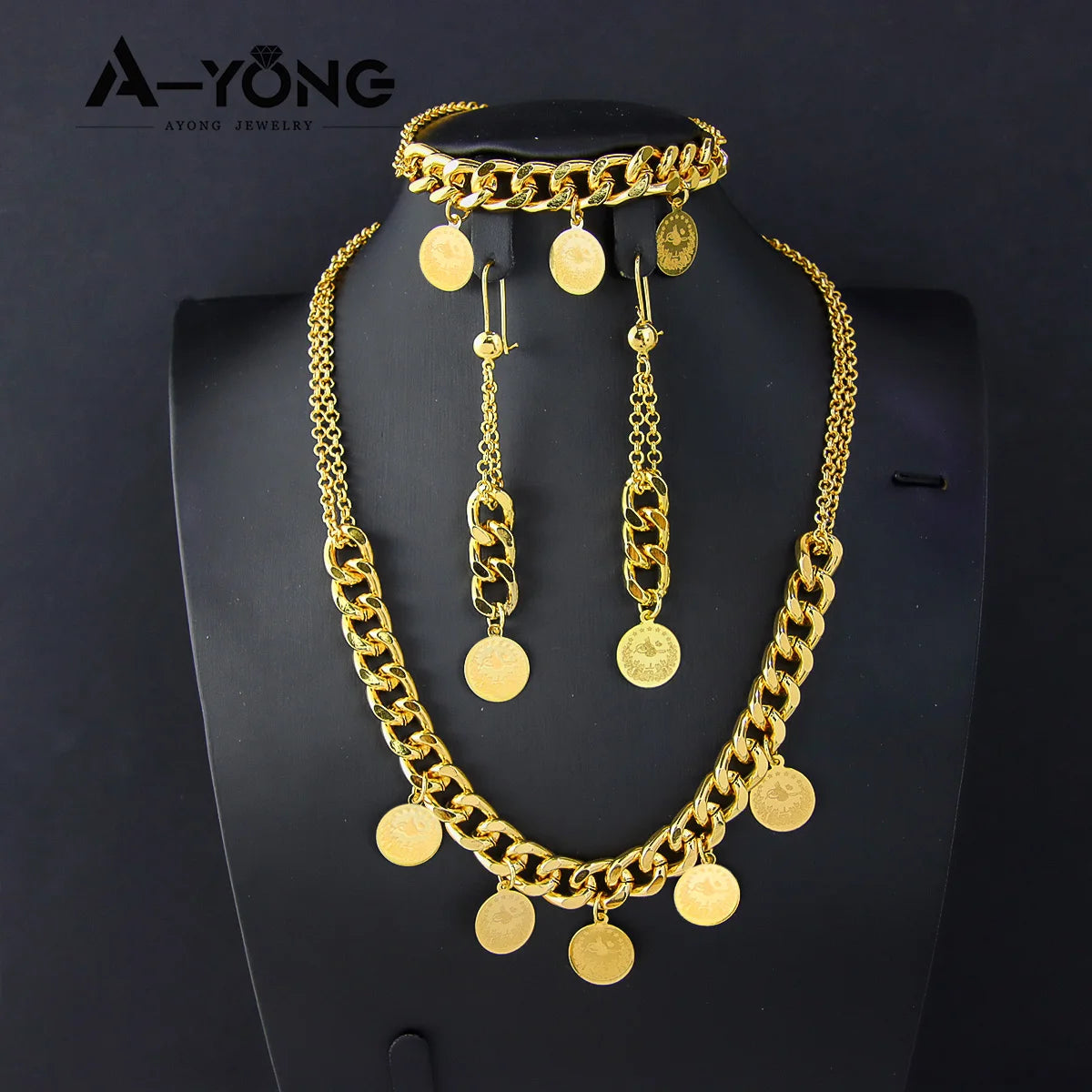 Luxury Arabic Gold Color Coins Necklace Set 21k Gold Plated Turkish Coin Chains Islamic Muslim Women Wedding Party Jewelry Sweet T 52