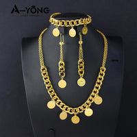 Luxury Arabic Gold Color Coins Necklace Set 21k Gold Plated Turkish Coin Chains Islamic Muslim Women Wedding Party Jewelry Sweet T 52