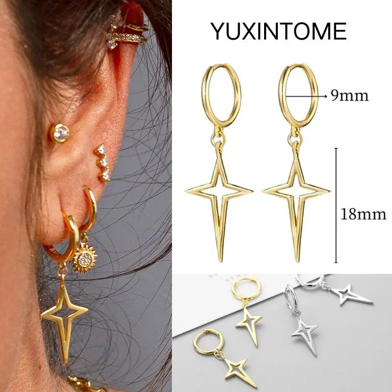 925 Silver Needle Star Hoop Earrings for Women - Five-pointed Star and Moon Pendant Huggie Earrings