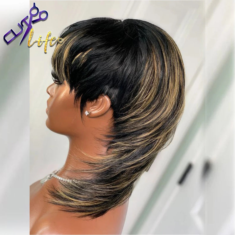 Short Pixie Cut Wigs, Wear And Go - Full Machine Wig With Bangs. Dovetail Straight Highlight Blonde Remy Human Hair Mullet Wigs