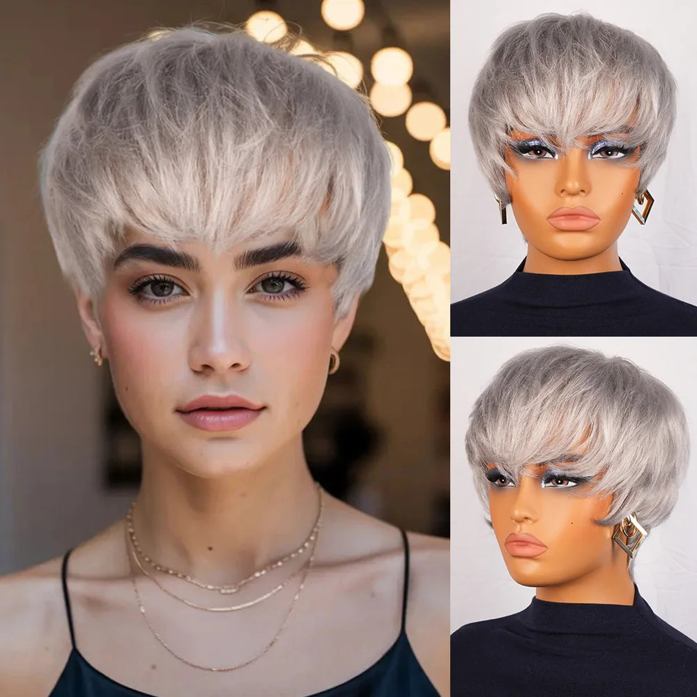 Silvery grey Human Hair Wigs With Bangs - Sliver Grey Straight Pixie Cut Wig for Women