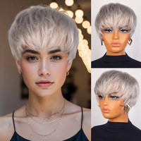 Silvery grey Human Hair Wigs With Bangs - Sliver Grey Straight Pixie Cut Wig for Women