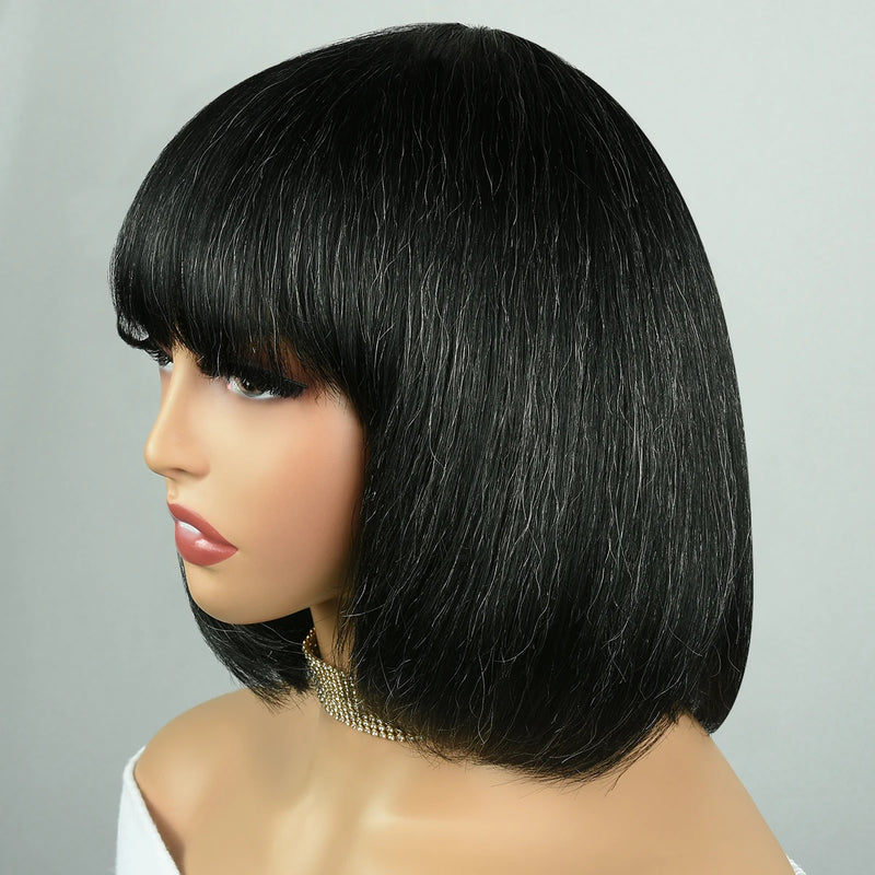 Salt & Pepper/Gray BOB Wigs, Short Human Hair, Full Machine Made Wigs for Women. Straight BOB with Bangs.