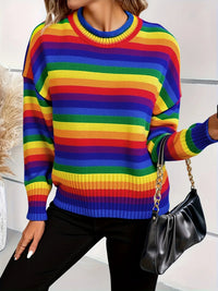 Autumn & winter new Japanese retro round neck sweater with rainbow stripes leading the fashion trend