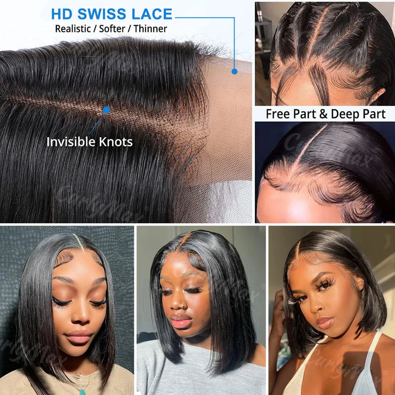 250/180% Brazilian Bone Straight Short Bob, 13x4 Lace Frontal, 13x6 HD Transparent Lace Frontal, 5x5 Closure Wigs for Women