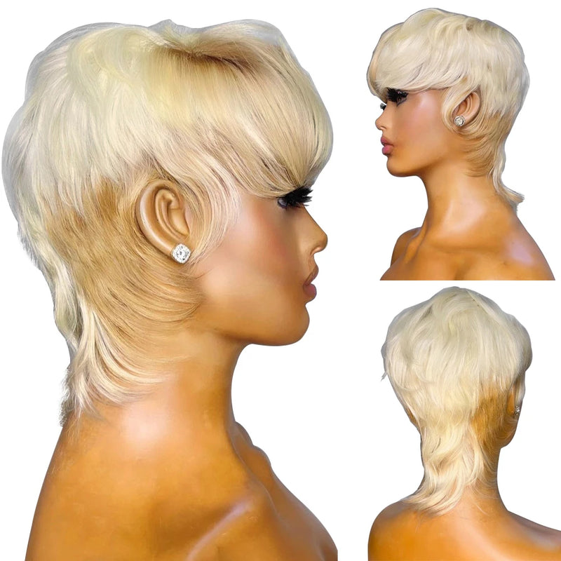 613 Blonde Human Hair Mullet Wig, Brazilian Remy Straight Hair Wig with Bangs for Women & Girls