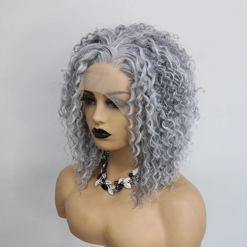 Salt & Pepper Grey Synthetic Lace Front Wig - 180 Density, Kinky Curly Short Bob for Women