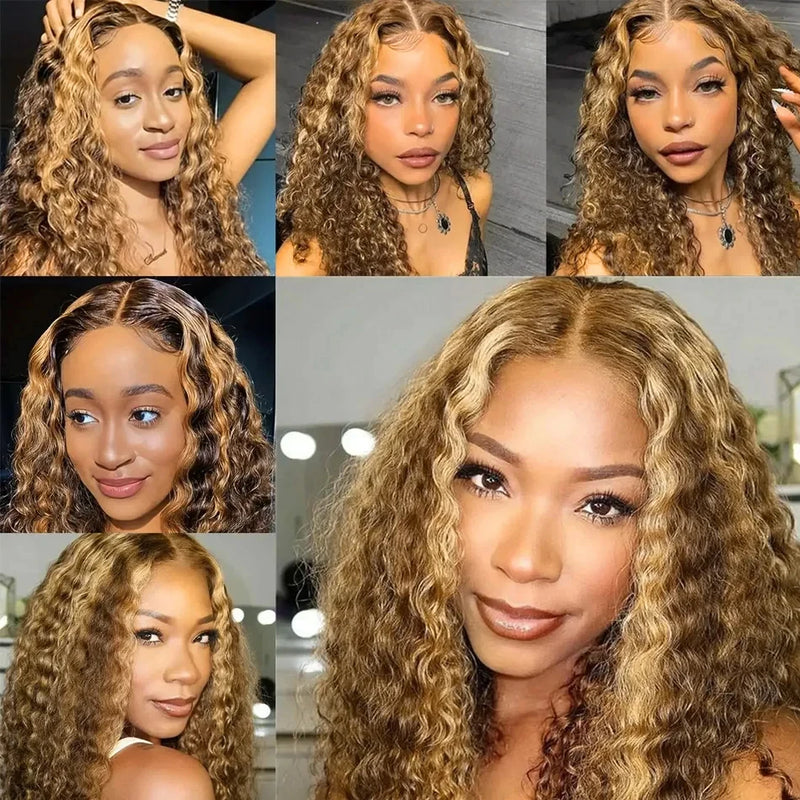 13x4 HD Lace Short Human Hair Wigs, Curly, Color 4/27, Highlight Ombre Human Hair Deep Wave Bob Wigs for Women