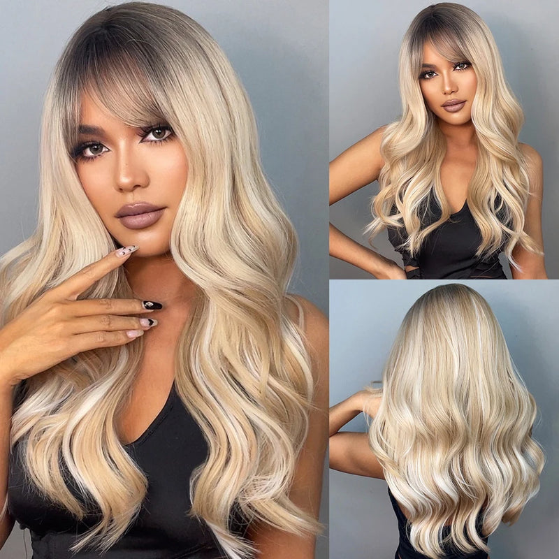 EASIHAIR Light Orange Synthetic Wigs Long Wavy Ombre Natural Hair Wigs with Bangs for Women Cosplay Lolita Wig Heat Resistant SWEET T 52