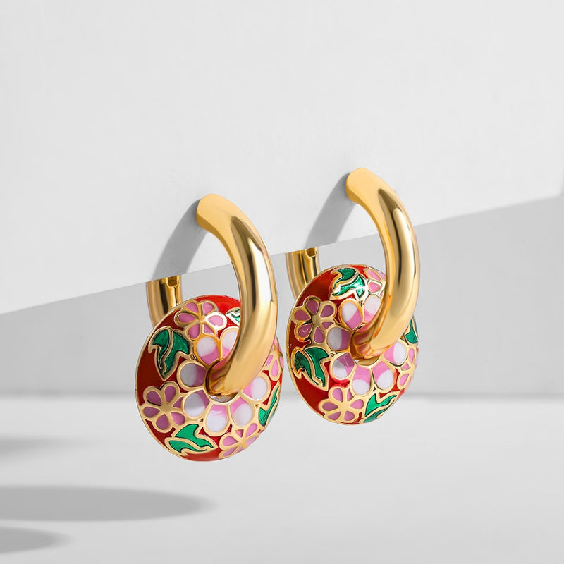 Vintage Enameled Flower Small Hoop Earrings - Trendy Geometric Statement, Round Circular Huggie Earrings for Women and Girls