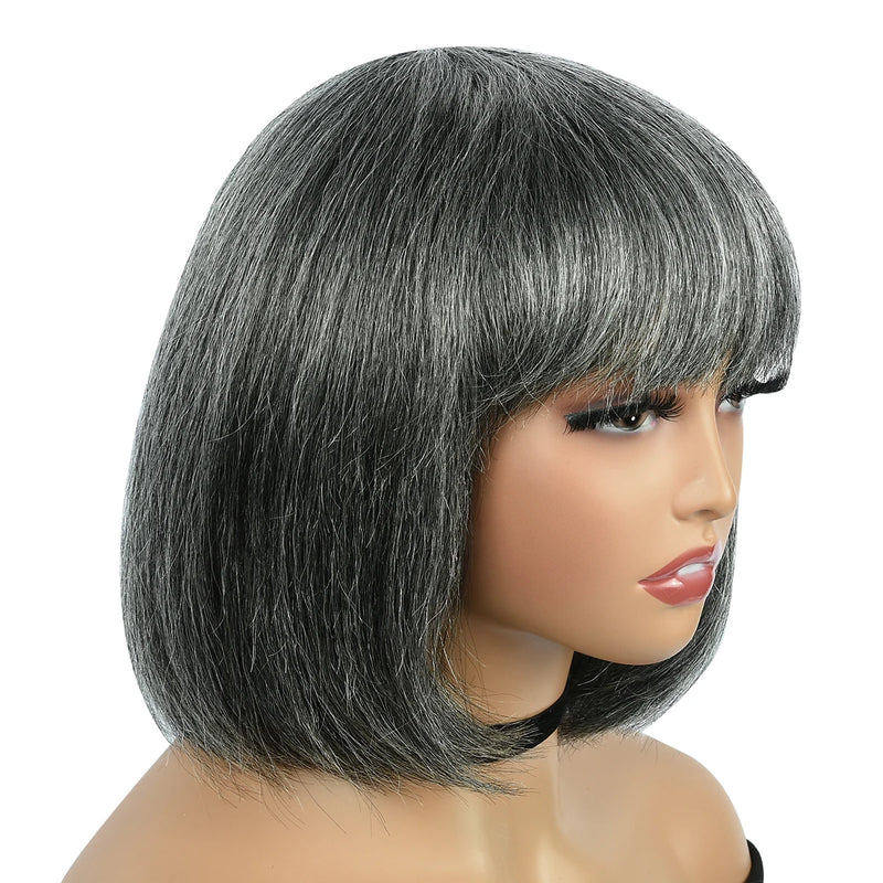 Salt & Pepper/Gray BOB Wigs, Short Human Hair, Full Machine Made Wigs for Women. Straight BOB with Bangs.