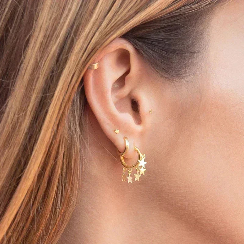 925 Silver Needle Star Hoop Earrings for Women - Five-pointed Star and Moon Pendant Huggie Earrings