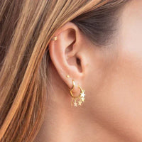 925 Silver Needle Star Hoop Earrings for Women - Five-pointed Star and Moon Pendant Huggie Earrings