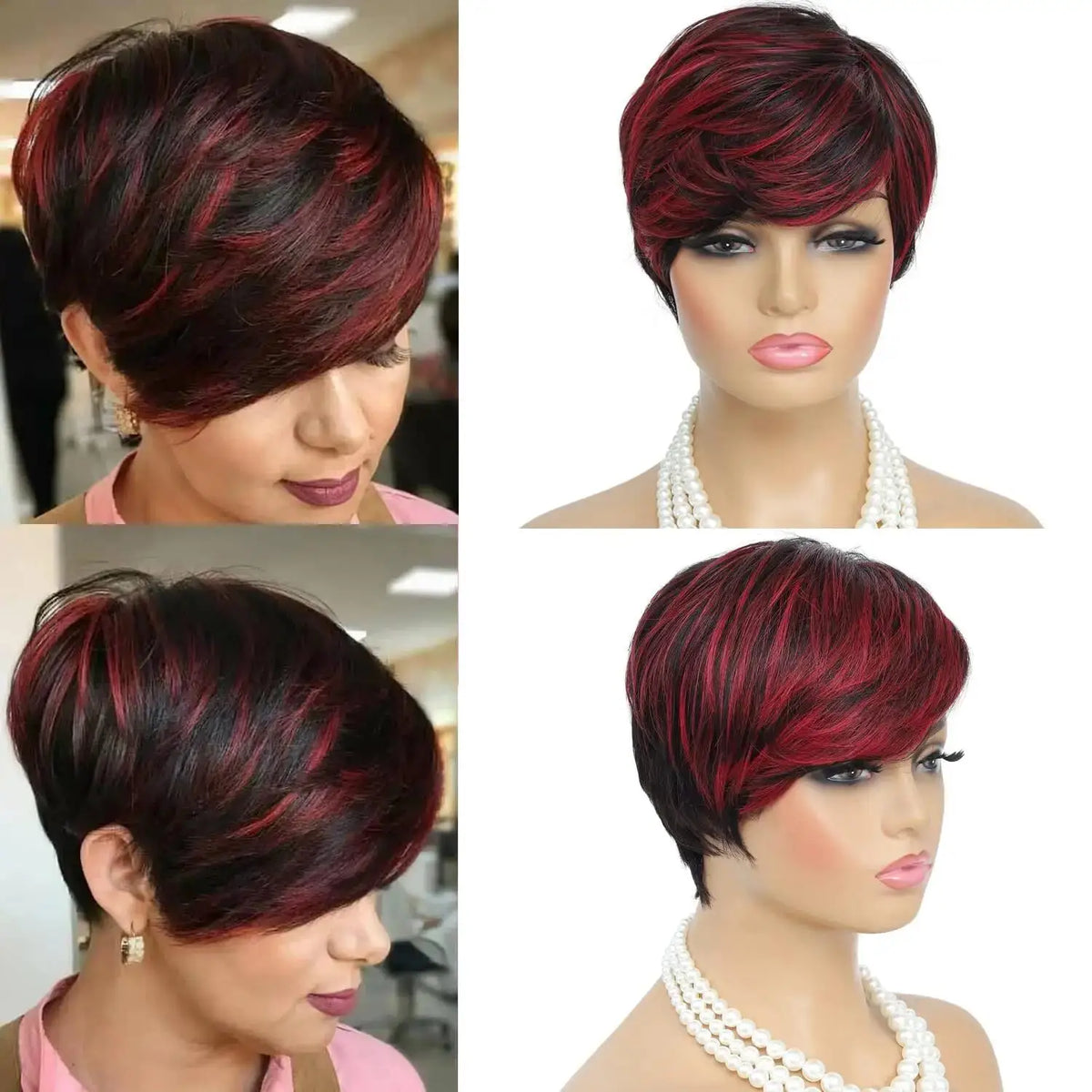 Short Hair Wigs for Women - Synthetic Ombre Red Wig, Pixie Cut with Bangs