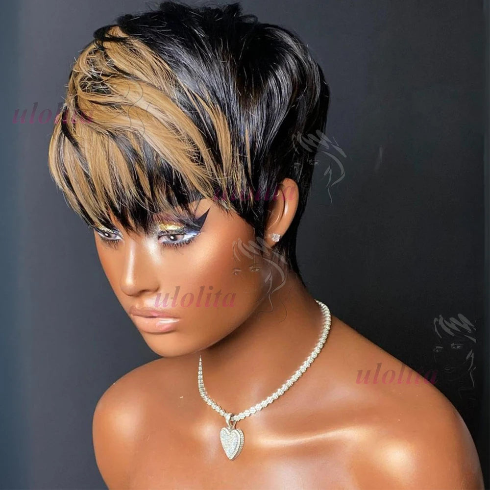 Short Human Hair Wigs - Full Machine Made Wigs, Straight, Highlights, Pixie Cut Wigs with bangs, Human Hair, for Women