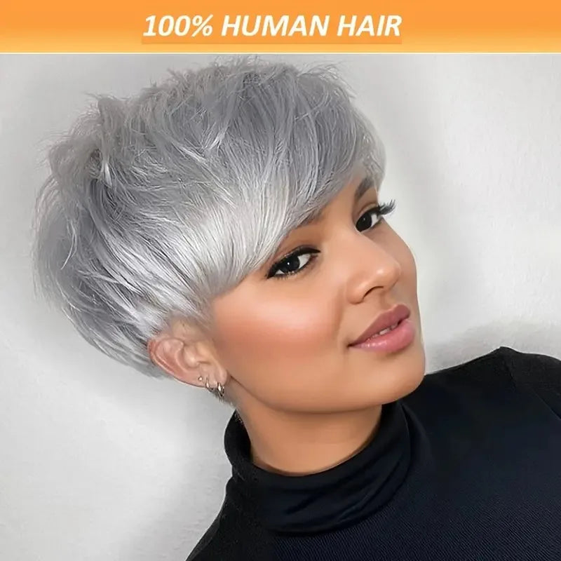 Silvery Grey Short Pixie Cut Wig with Bangs, Layered Straight Machine Made Bob Wig for Women