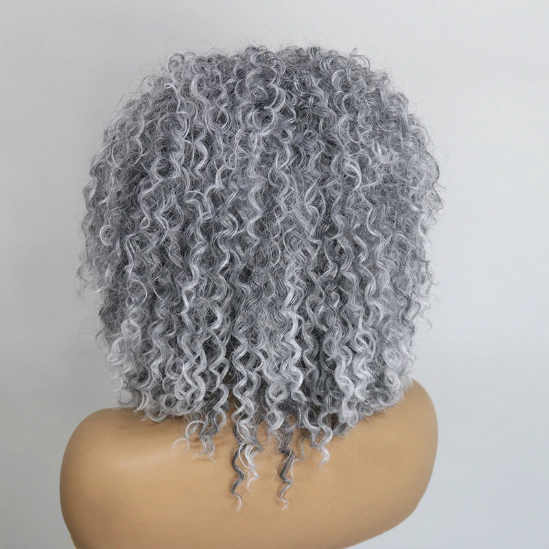 Salt & Pepper Grey Synthetic Lace Front Wig - 180 Density, Kinky Curly Short Bob for Women