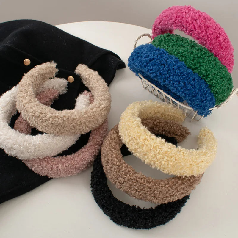 Plush Wide, Thick, Faux Fur Wool Hairbands.  4 cm Wide Solid Color Headbands for Women, Plain Fluffy Winter Hair Accessories