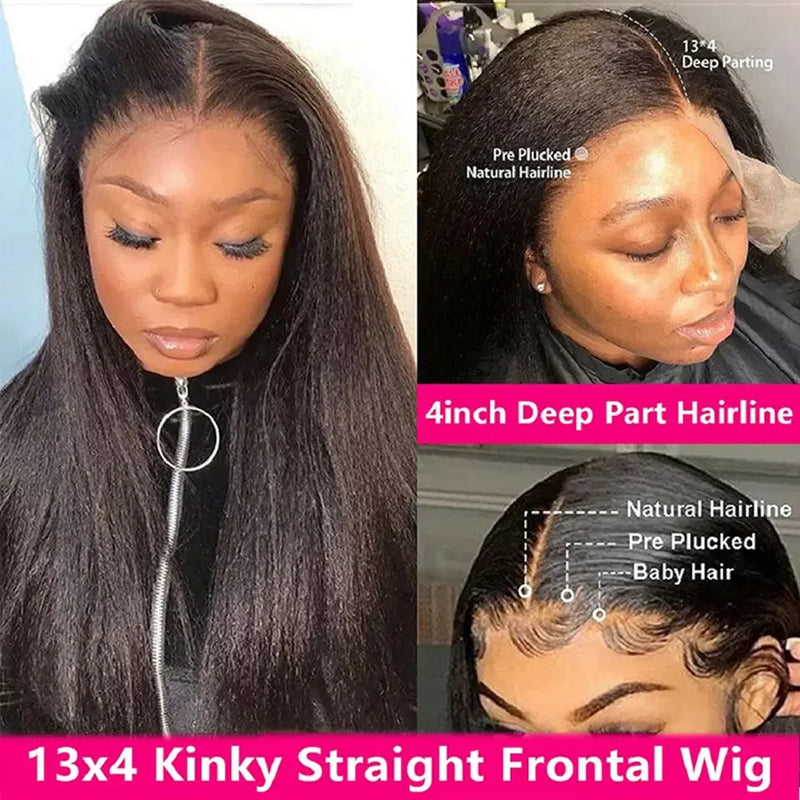 Kinky Straight Yaki Lace Frontal Human Hair Wigs, Glueless Wigs, Easy To Wear, Brazilian