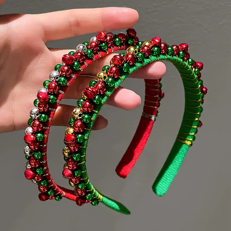 1pc Christmas Headband with Red & Green Beads, Golden Bells - Hand-Wrapped Party Hairband for Women, Holiday Photoshoots