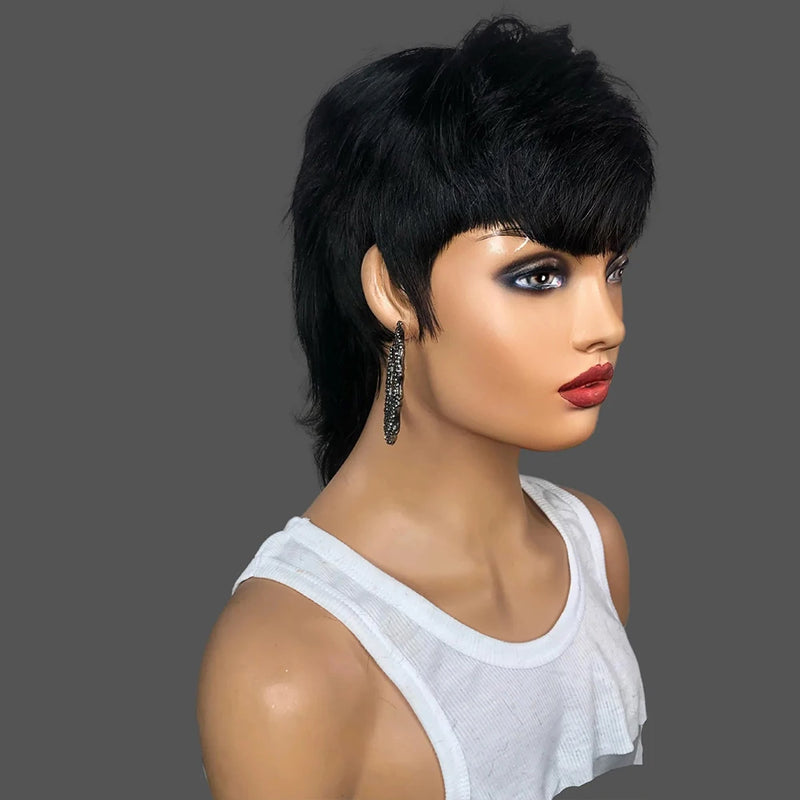 Mullet Wigs - Short Pixie Cut Wigs - Full Machine Made Wigs with Bangs, Glueless Human Hair Wigs for Women