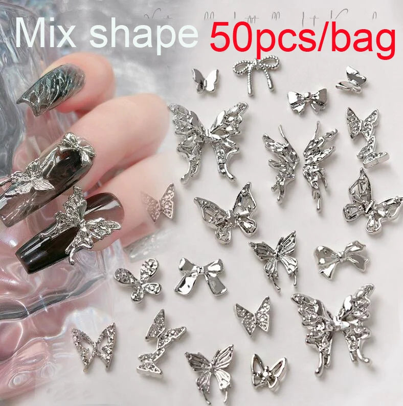 50Pcs 3D Silver Bowknot/Crown Metal Nail Charms With Tassel Pendant - Butterfly Nail Art Decorations, Mixed Shiny Manicure Supplies