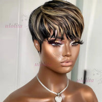 Short Human Hair Wigs - Full Machine Made Wigs, Straight, Highlights, Pixie Cut Wigs with bangs, Human Hair, for Women