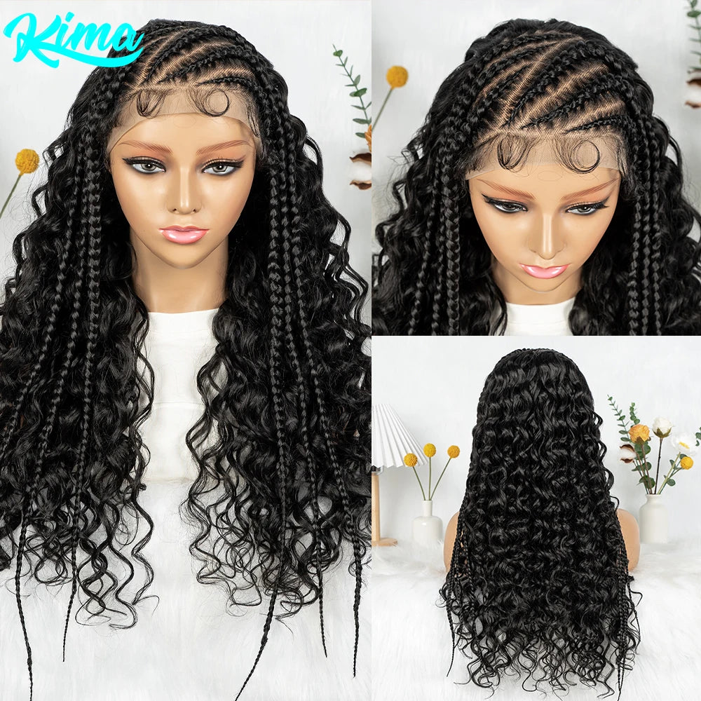 Cornrow Synthetic Braided Wigs 13*6 Lace Front Wig  Knotless Box Braided Wig Partition Design with Curly Hair for African Women Sweet T 52