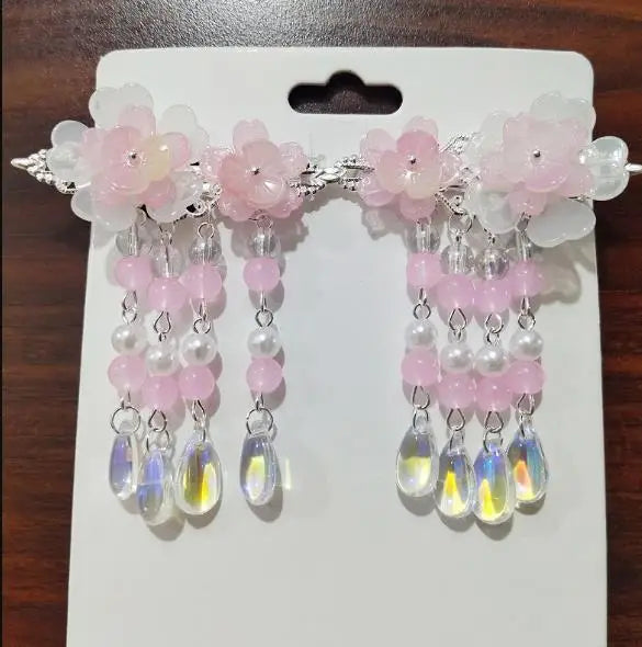 2pcs/set Chinese Style Pink Blue Flower Pearls, Long Tassel Hairpins, Clips, Headpieces for Kids.