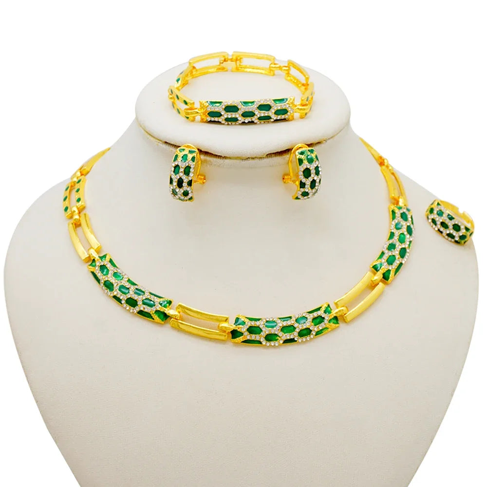 Dubai Gold Color Classics Jewelry Sets for Women - Charming Crystal Green Necklace/Earrings - Nigerian Wedding, African Costume Jewelry