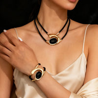 2pcs Elegant Vintage Jewelry Set for Women - Black Oval Necklace, Golden Choker, Bridal, Wedding with Bracelet