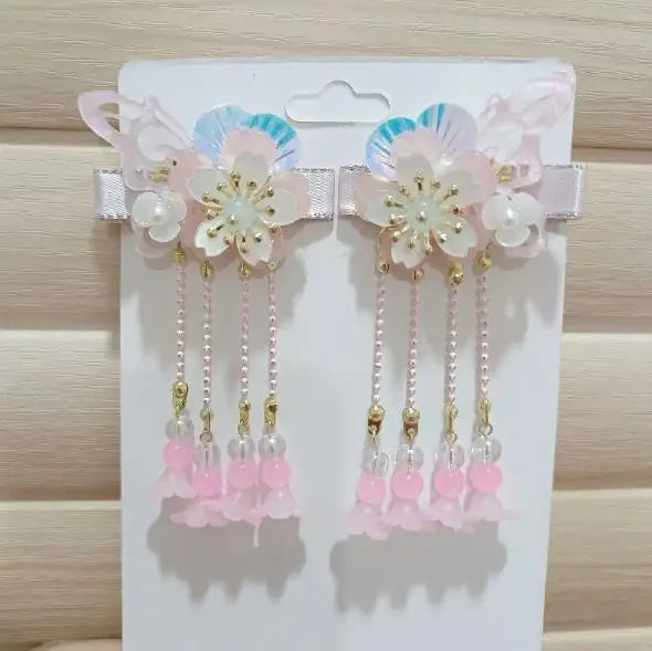 2pcs/set Chinese Style Pink Blue Flower Pearls, Long Tassel Hairpins, Clips, Headpieces for Kids.