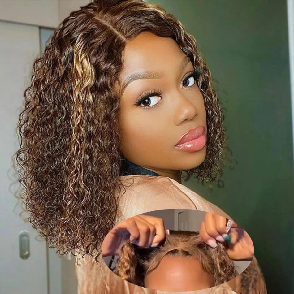 427 Highlight Bob Wig Human Hair Glueless Deep Wave Frontal Wig 5X5 Hd Lace Closure Wig Brazilian Hair Short Bob Wig 250 Density Sweet T 52