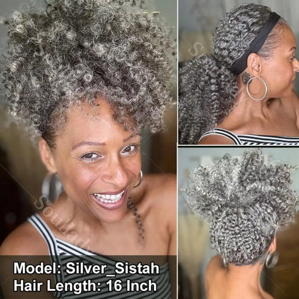 Silver Gray Jerry Curly Human Hair Headband Wig Salt And Pepper Color Brazilian Kinky Curl Grey Human Hair Wigs For Mature Women