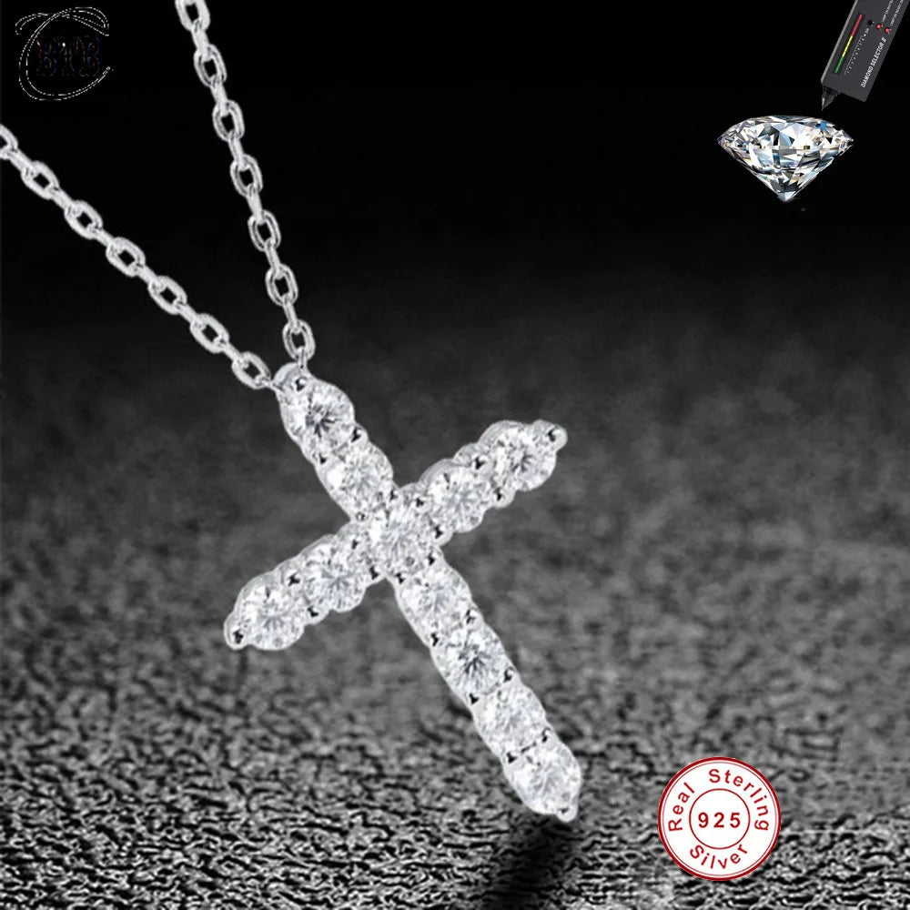 Moissanite Cross Pendant Necklace, Marked 925 Sterling Silver