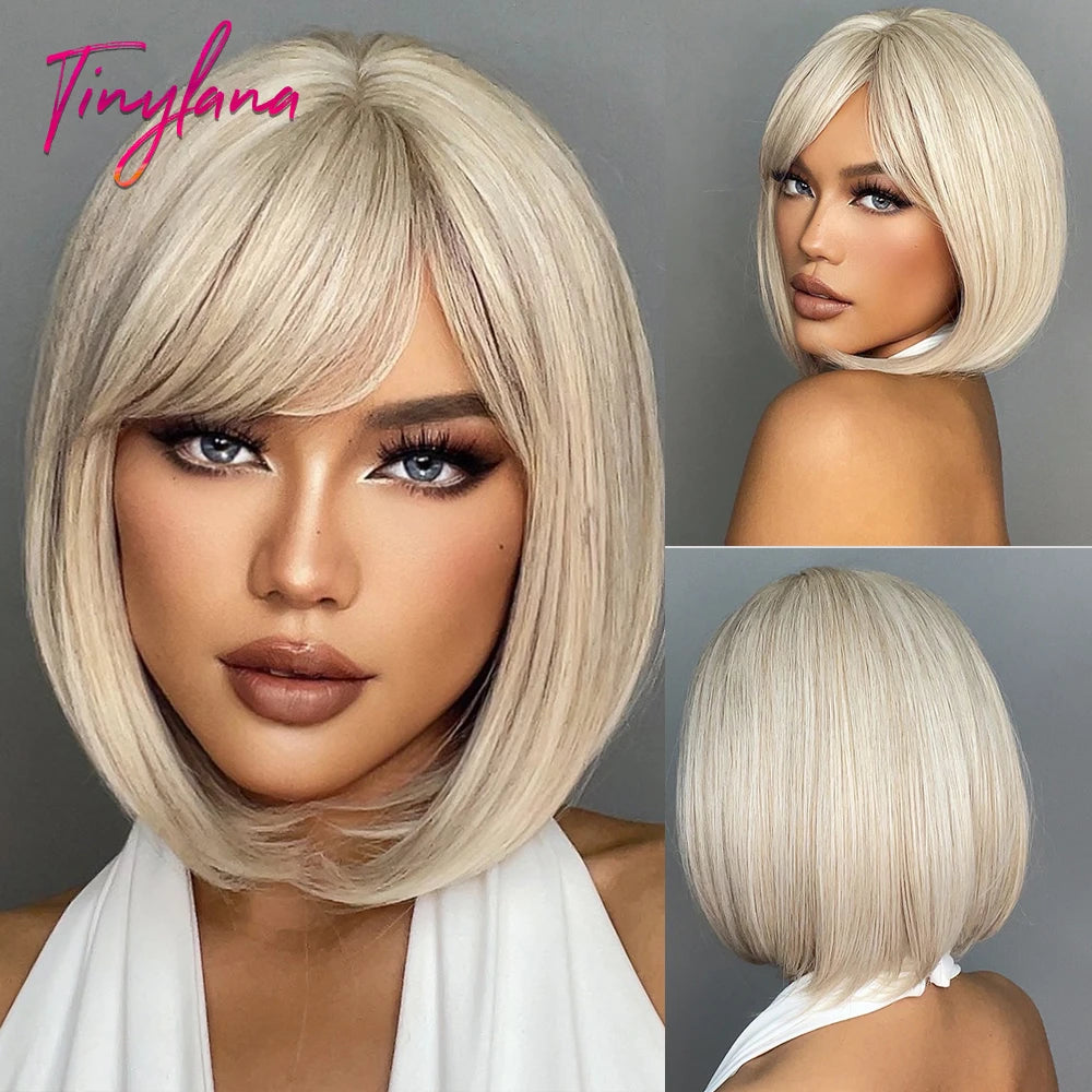 Short Straight Synthetic Wigs for Women with Bangs - Short Straight Bob Hair Wigs
