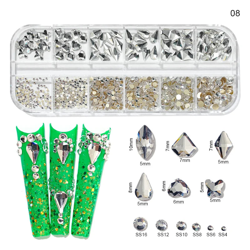 12Gird Box Multi Size AB/Colorful Non-Hotfix Rhinestones Flatback Crystal Diamond Gems 3D Glitter Nail Art Luxurious Decorations SWEET T 52