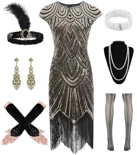Women's Flapper Gatsby Dresses with Accessories Set, Sequined Vintage 20s Lace Fringed Cocktail/Party/Evening Dresses-Dresses-SWEET T 52