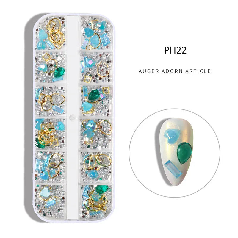 12Gird Box Multi Size AB/Colorful Non-Hotfix Rhinestones Flatback Crystal Diamond Gems 3D Glitter Nail Art Luxurious Decorations SWEET T 52