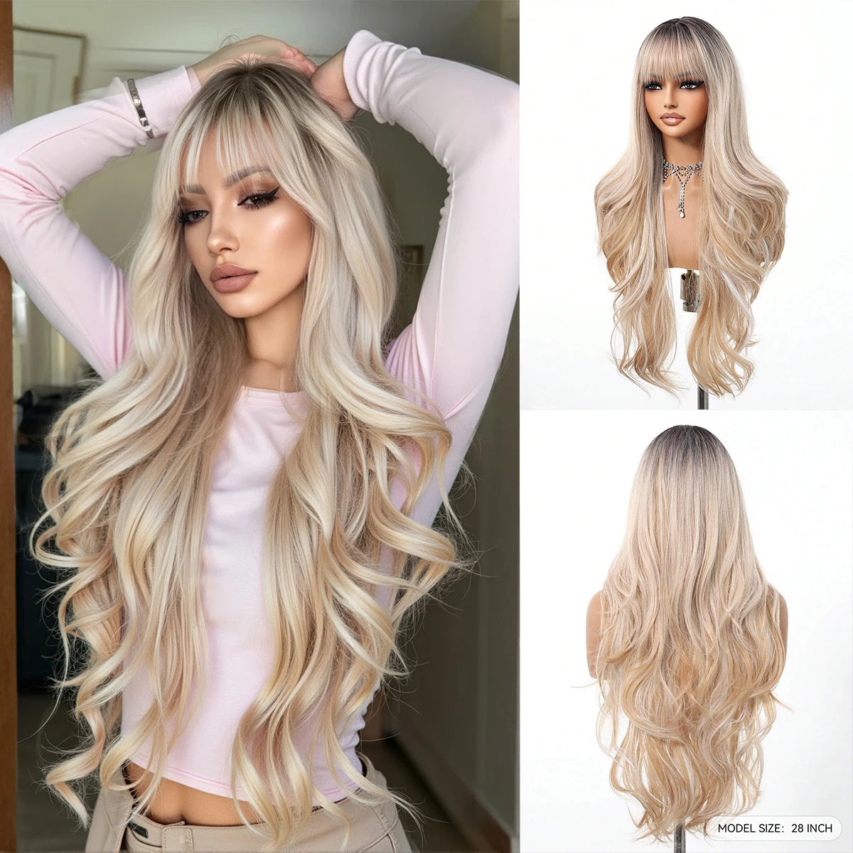 EASIHAIR Light Orange Synthetic Wigs Long Wavy Ombre Natural Hair Wigs with Bangs for Women Cosplay Lolita Wig Heat Resistant SWEET T 52