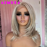 Blonde Highlights Wig - 13x4 Layered Cut Lace Front Wig for Women, Shoulder Length, Heat Resistant Synthetic Hair