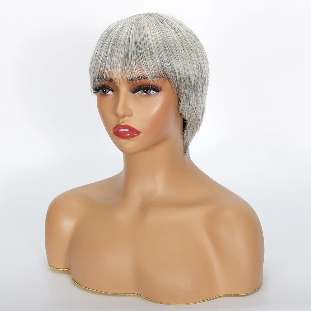 Ombre Grey Short Pixie Cut Wig with Bangs Salt and Pepper Human Hair Wig Pre Plucked Glueless Gray Bob Wig Full Machine Made Sweet T 52