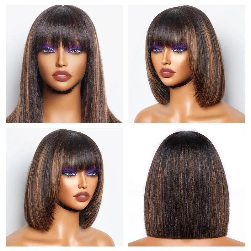 12 Inch 1b/30 Highlight 2x1 Glueless Wigs With Bangs 250 Density Straight Human Hair Short Bob Wig Brazilian Raw Hair For Women Sweet T 52