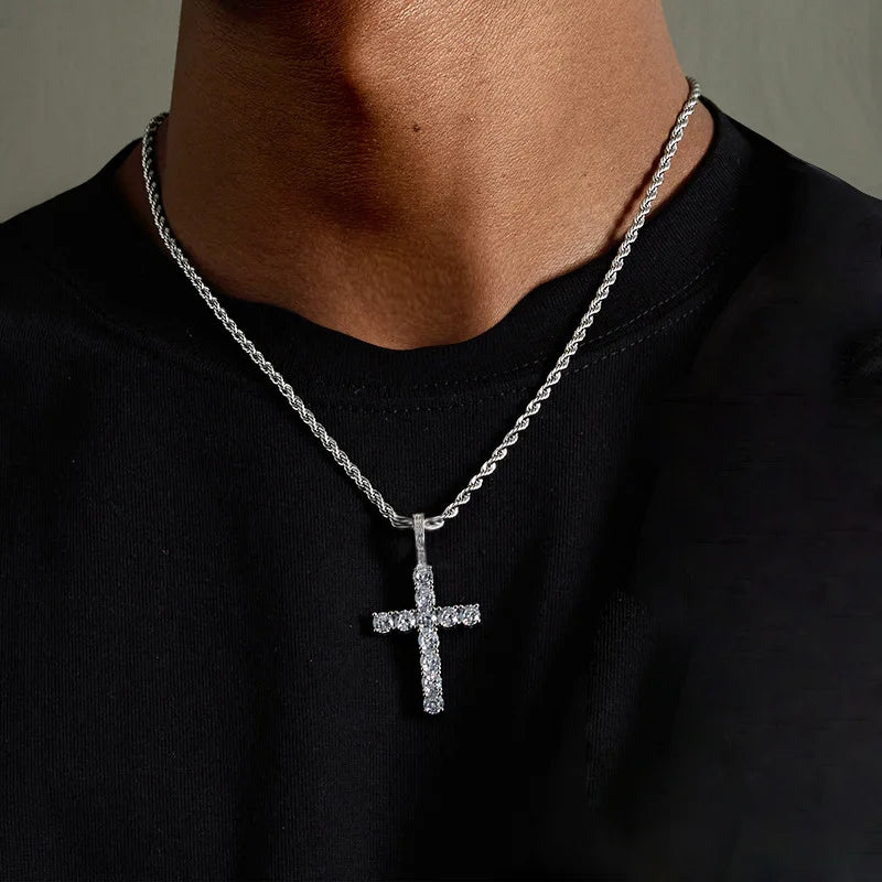 Cubic Zirconia Cross Pendant Necklace on Rope Chain